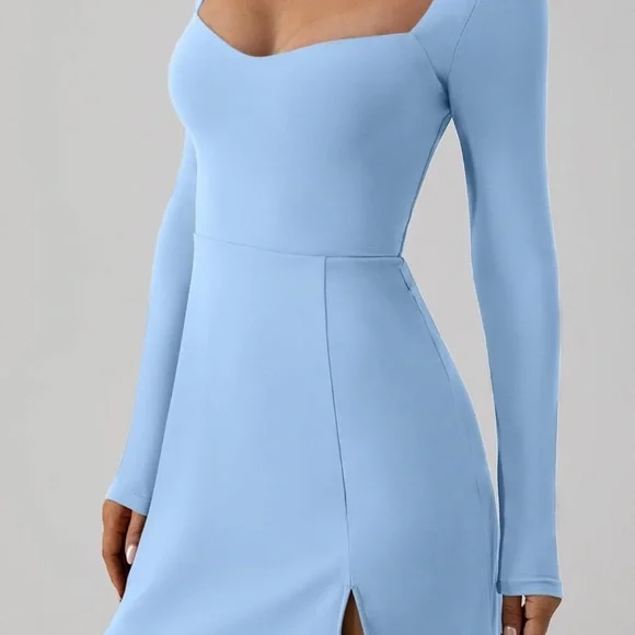 Blue Fit and Flare Long Sleeve V-Neck Dress for Cocktail - Picture 3 of 12